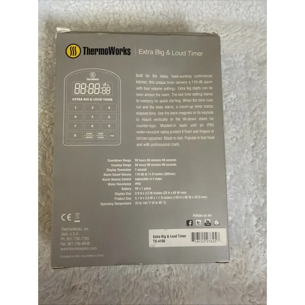 ThermoWorks Extra Big & Loud Kitchen Timer Dark Gray 5.1 x 3.5 in NIB New TX4100